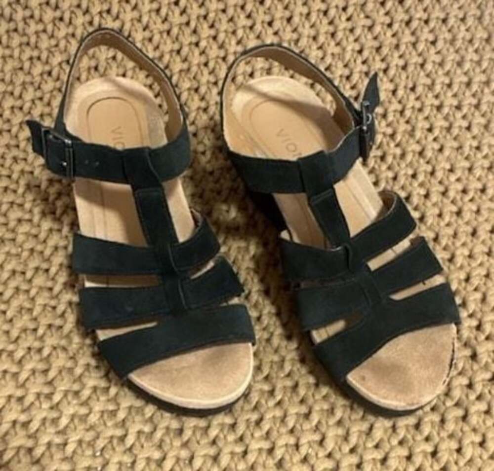 Vionic Tawny Black Suede Strappy 3 inch Wedge Sandals